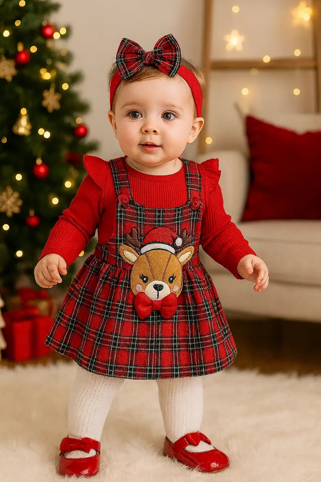 Conjunto infantil feminino composto por body vermelho canelado de manga longa com babadinhos nos ombros e jardineira xadrez vermelha com alças e aplique de rena com laço. A peça está disposta sobre fundo branco, com destaque para o visual natalino e delicado.