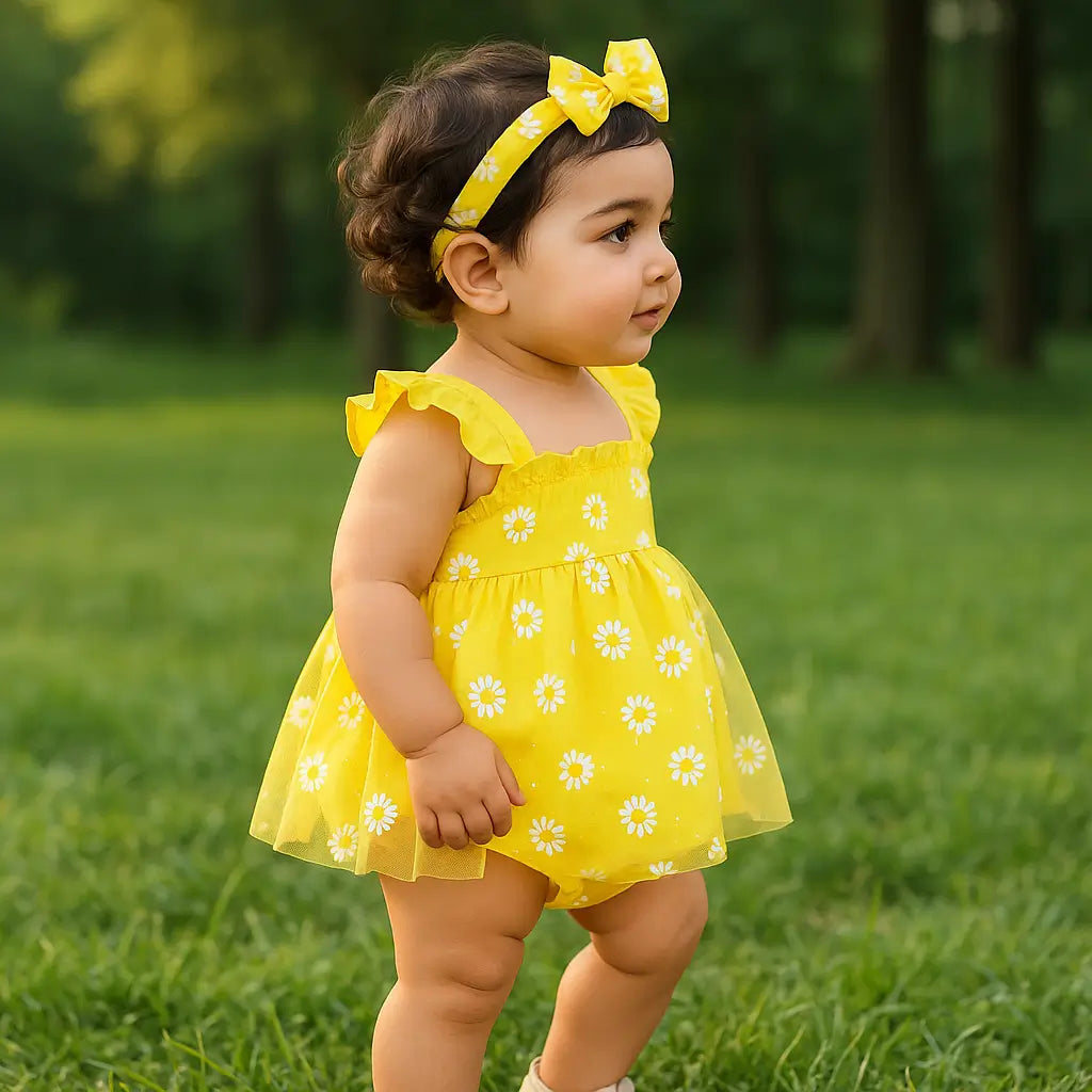 Bebê de aproximadamente 9 meses em pé no gramado, usando body amarelo com tule estampado de margaridas e faixa de cabelo combinando.