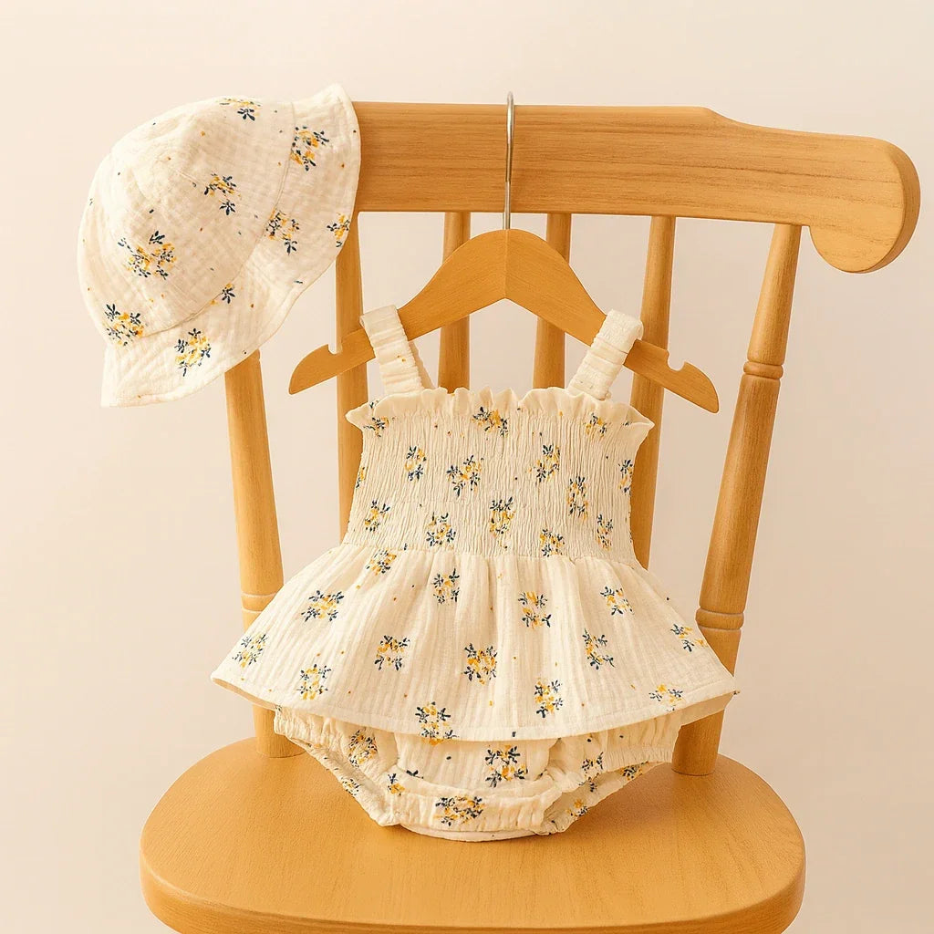 "Conjunto infantil feminino com body floral branco de alças e chapéu combinando, exibido em cabide de madeira em cadeira clara — Baby Hello."