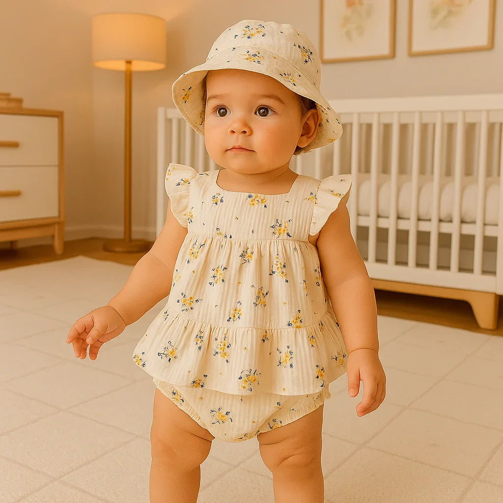Bebê menina em pé usando conjunto floral em linho com babados e chapéu combinando, em quarto infantil aconchegante — Baby Hello