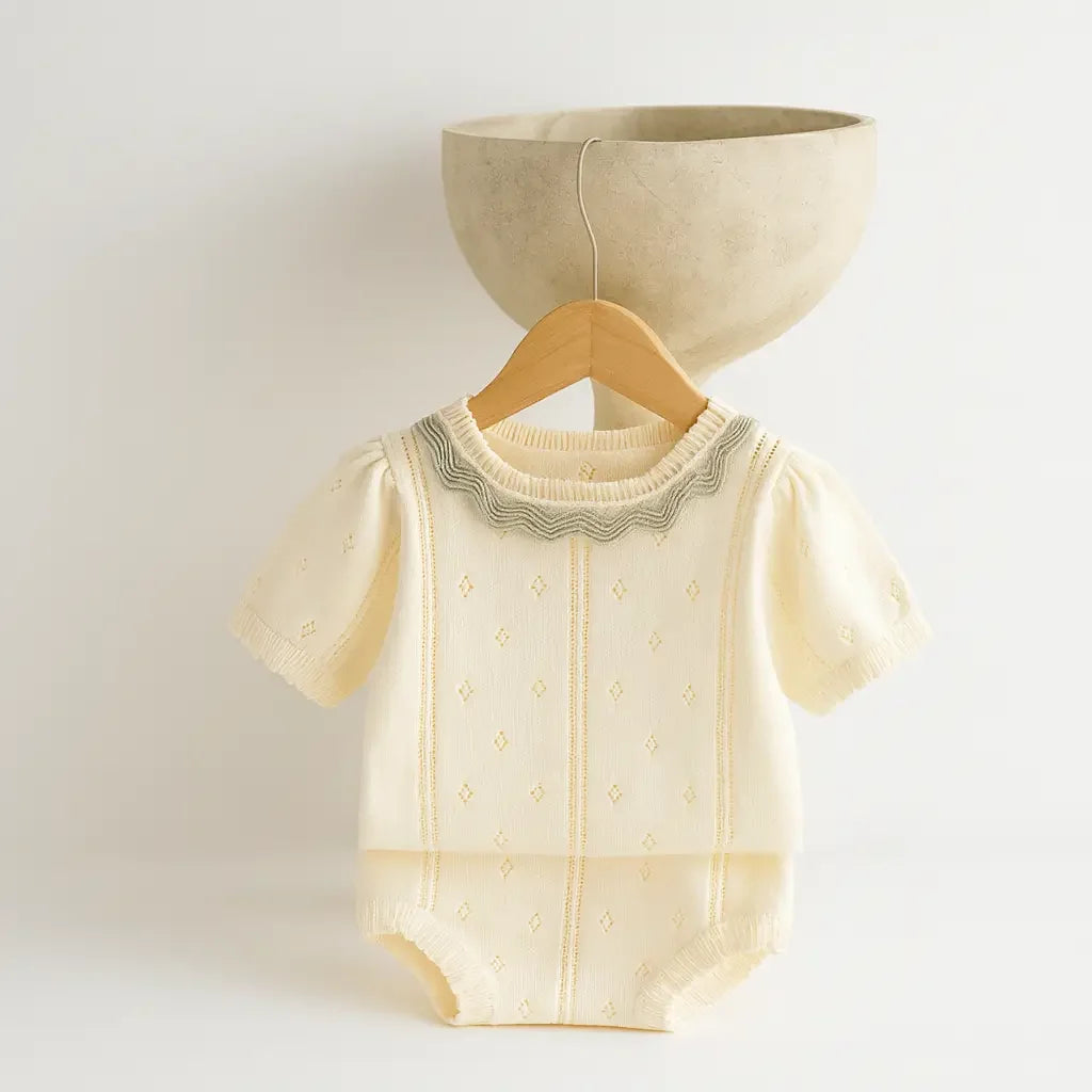 romper unissex em tricô de algodão bege com detalhes verdes, manga curta e gola rendada, ideal para bebê recém-nascido, pendurado em cabide no fundo branco.