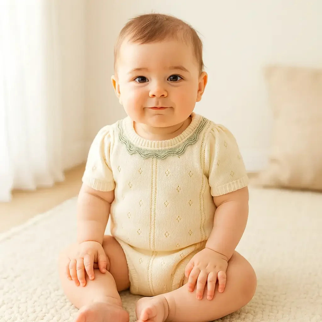 "Bebê menino de 6 a 9 meses usando body tricotado de algodão bege com gola verde, em ambiente aconchegante e iluminado. Moda bebê e roupa infantil elegante