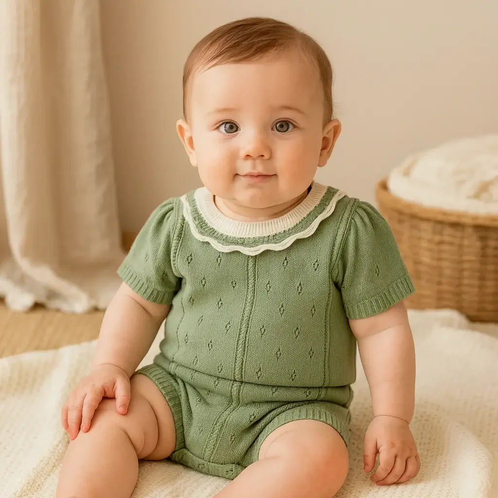 Bebê menino de 6 a 9 meses usando body tricotado verde musgo com gola branca, sentado em ambiente aconchegante e iluminado. Moda bebê elegante e confortável