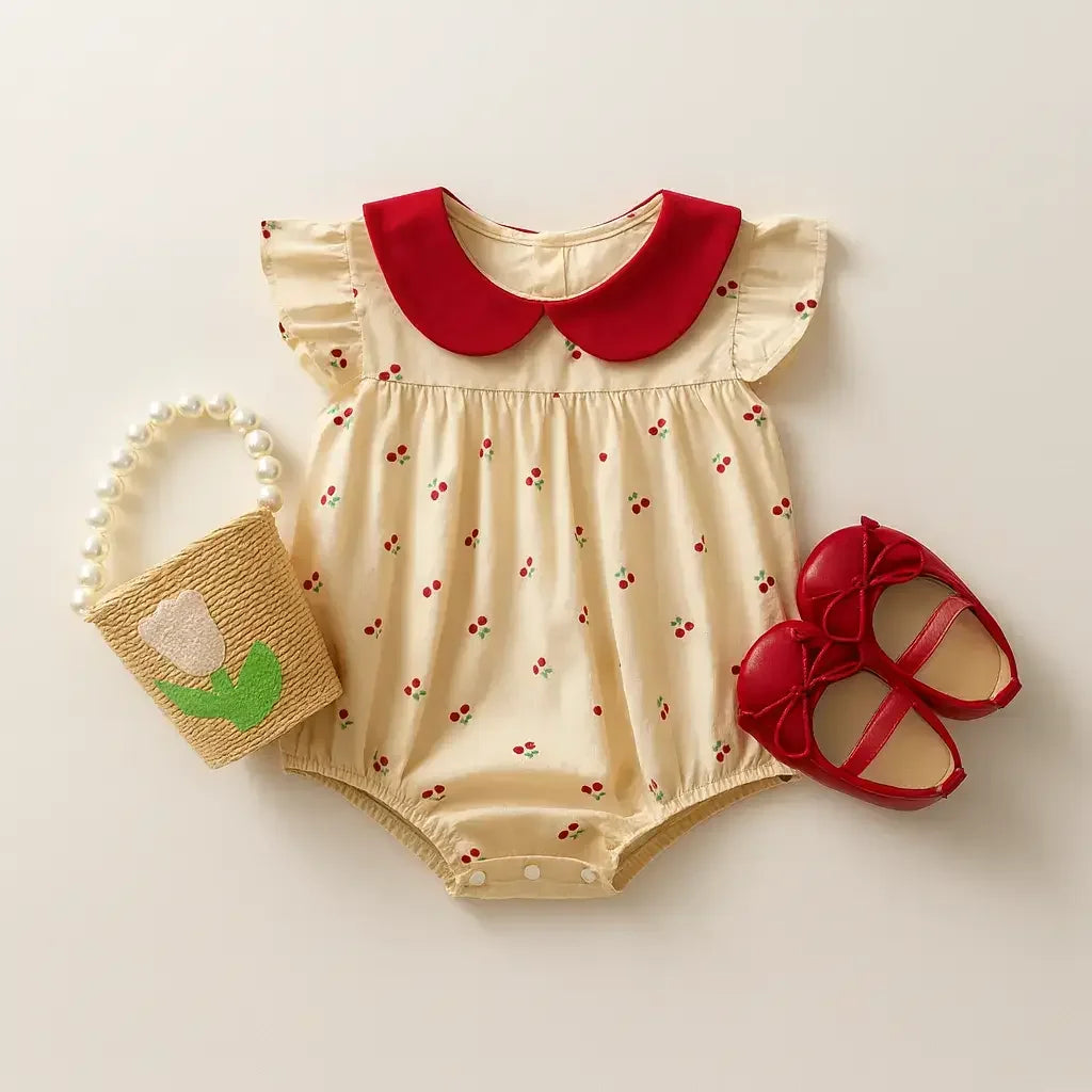 Body feminino para bebê com estampa de cerejinhas, gola vermelha, acompanhado de sapatinhos vermelhos e bolsa infantil de palha com detalhe de flor.