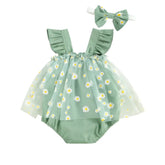 Body infantil verde com estampa de margaridas e saia tule, acompanhado de faixa de cabelo com laço combinando.