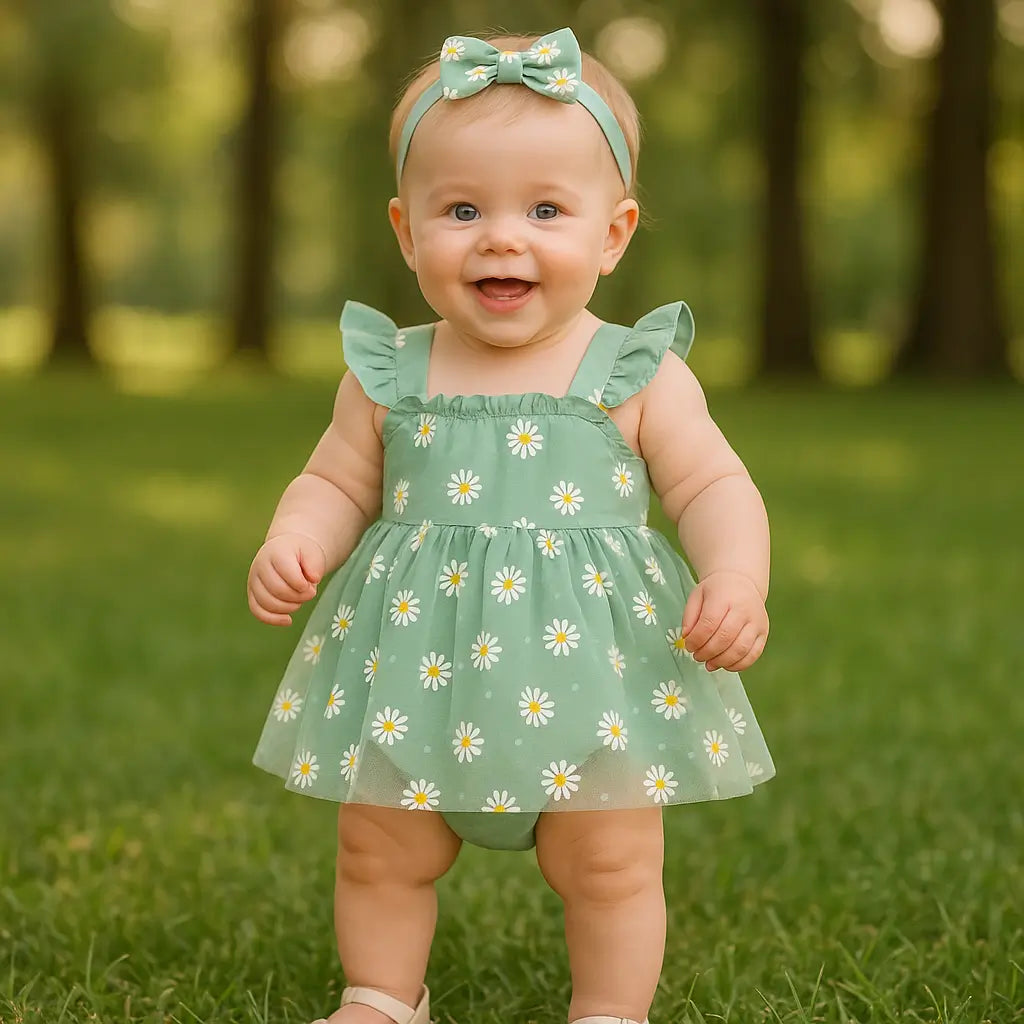 Bebê sorridente de aproximadamente 1 ano em pé no parque, usando vestido verde com estampa de margaridas e faixa combinando.