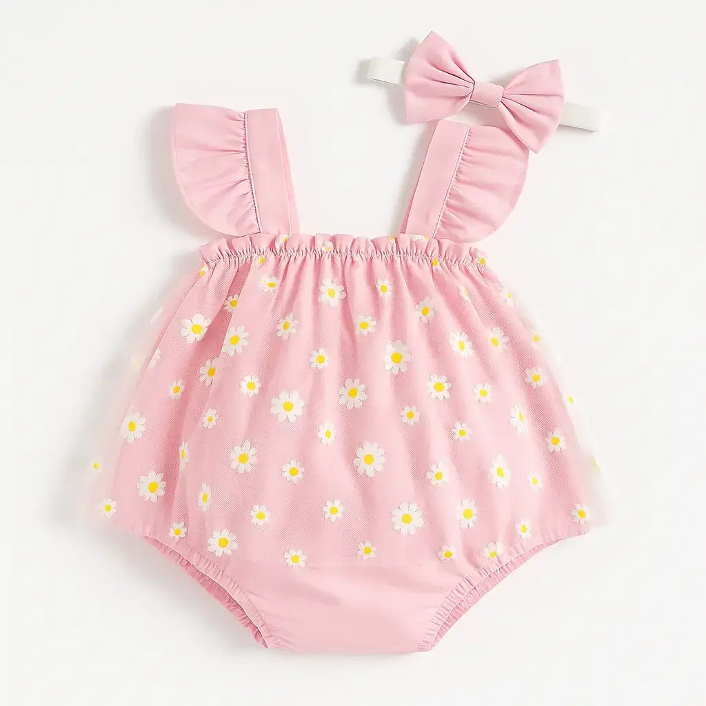 Body infantil feminino rosa com saia de tule estampada de margaridas e faixa de cabelo com laço rosa, peça delicada e charmosa para bebês
