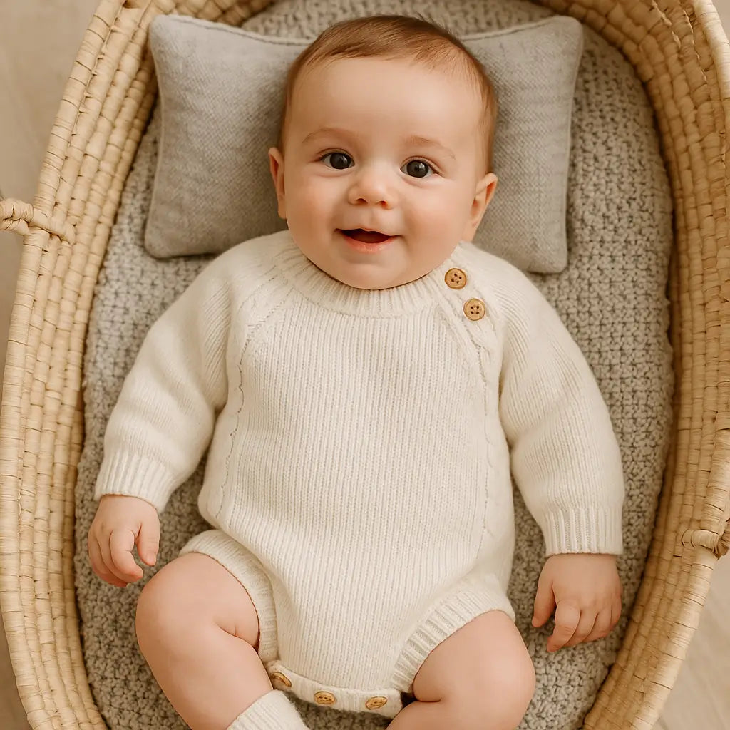 Bebê menino de 6 meses sorrindo no berço, vestido com body de tricô branco com botões de madeira, manta cinza e cenário acolhedor