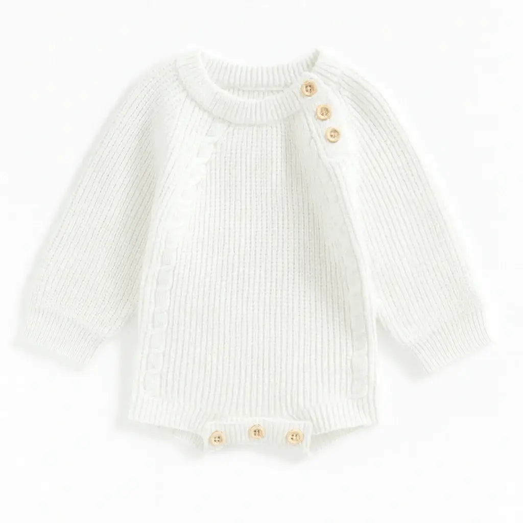 Body de tricô branco para bebê unissex, manga longa com botões de madeira, fundo branco clean