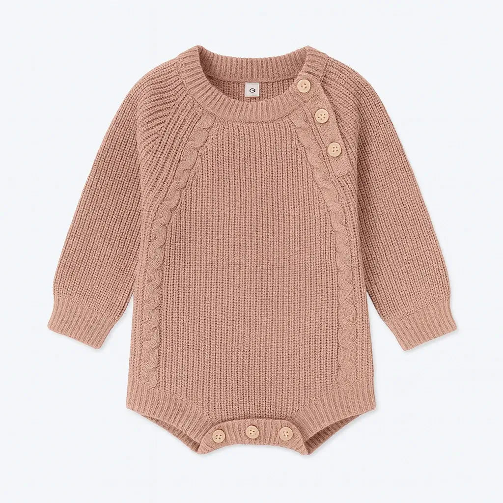 Body de tricô rosa para bebê unissex, manga longa com botões de madeira, fundo branco clean