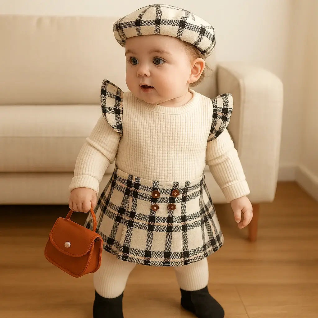 Bebê menina 9 meses conjunto body creme saia xadrez boina infantil