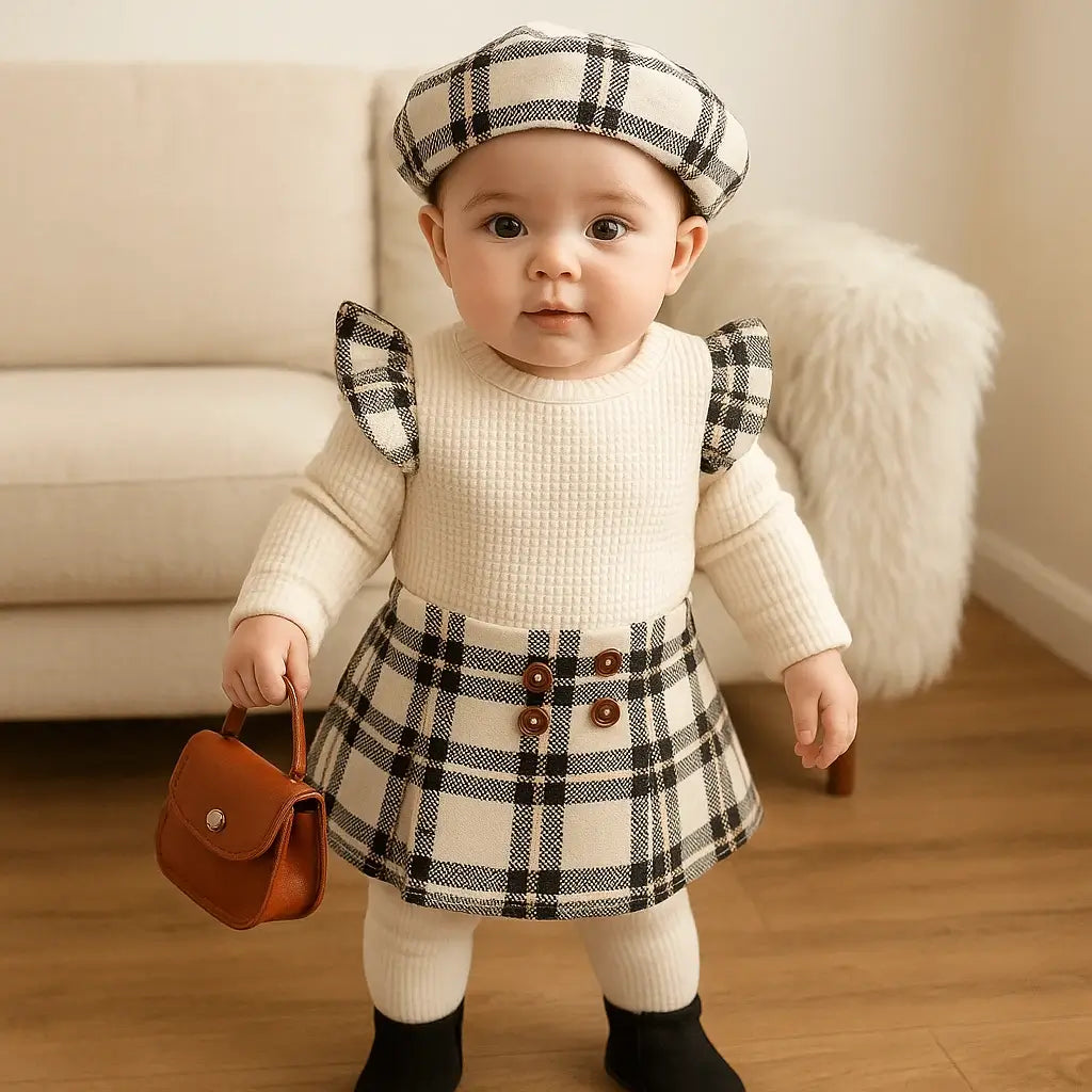 Conjunto bebê menina body creme saia xadrez boina look completo