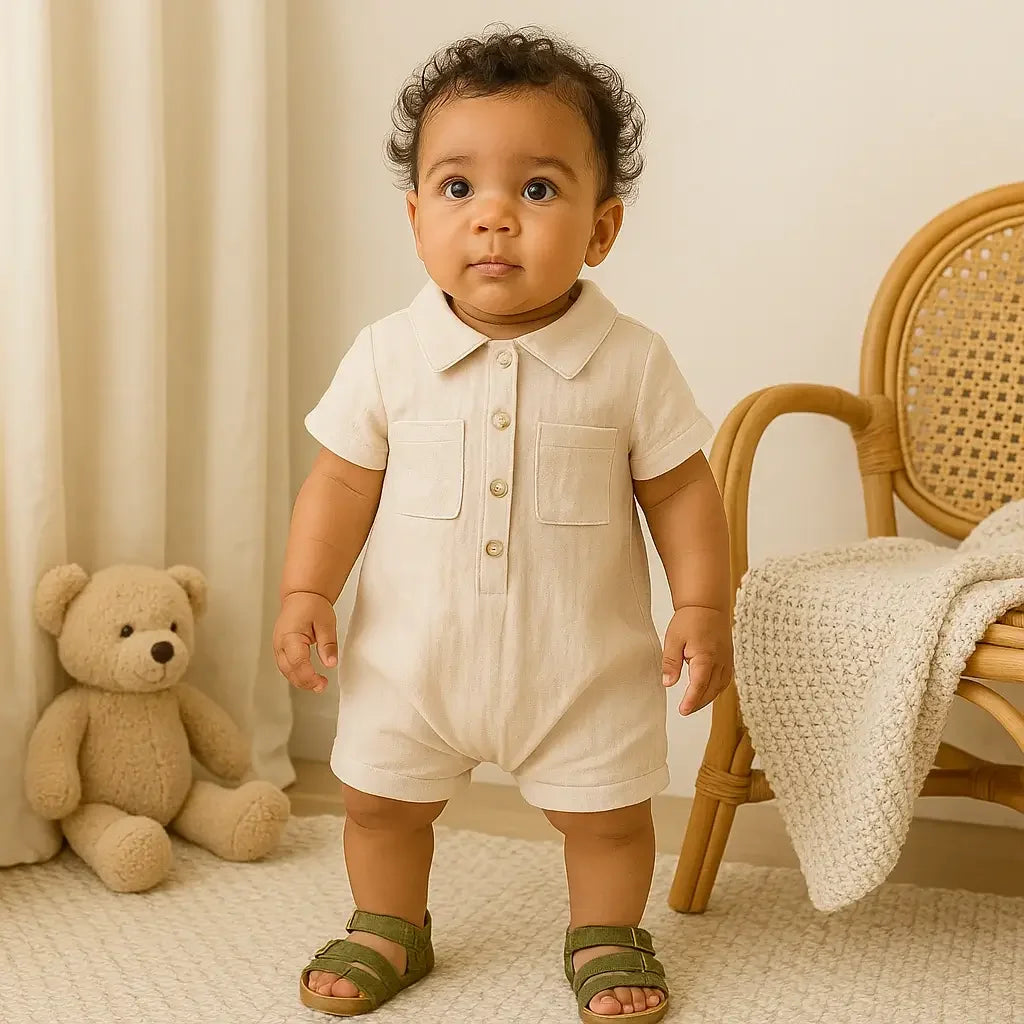 Bebê de 7 meses com pele morena, usando macacão bege de manga curta e sandálias verdes, em pé em ambiente aconchegante com ursinho e cadeira de vime ao fundo.