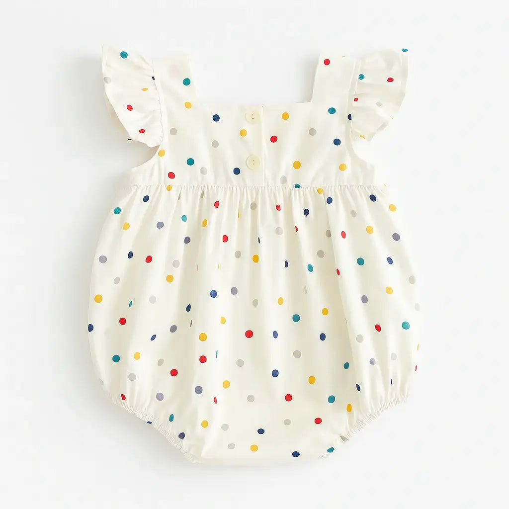 Romper bebê menina verão visto de costas, estampa poá colorida, detalhe de botões e alcinhas com babadinhos.