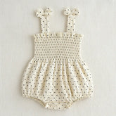 Romper infantil feminino poá com laços nas alças – roupa de verão para bebê 0 a 24 meses, confortável, fresquinho e charmoso."