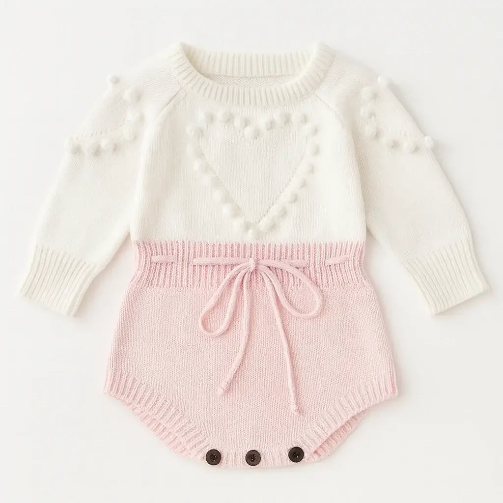 Romper tricot bebê menina rosa e branco com coração em relevo, manga longa, detalhe em pompons e botões na parte inferior.