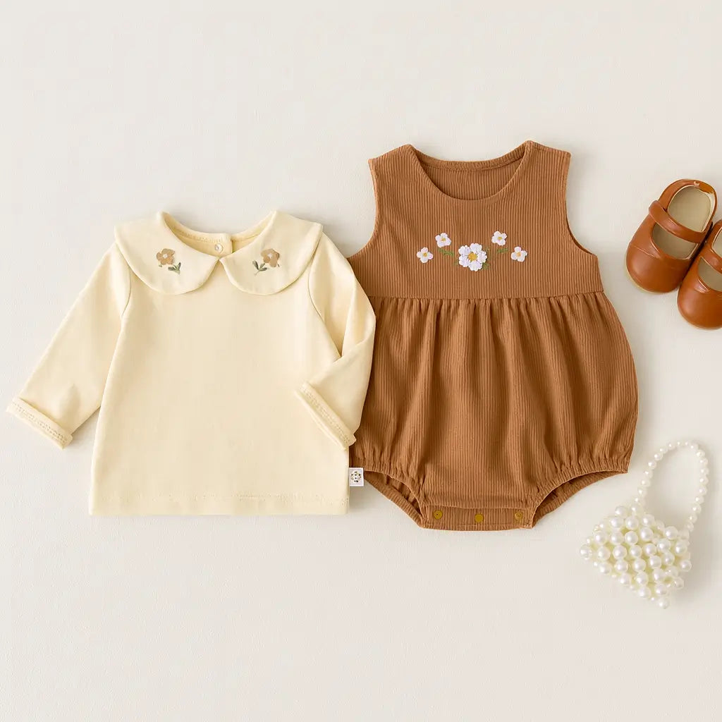 onjunto bebê menina blusa creme gola bordada e romper marrom com flores