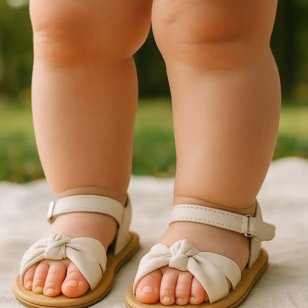 Close-up dos pés de um bebê usando sandálias infantis pretas com laço, solado bege e tira ajustável no tornozelo, em um cenário ao ar livre sobre tecido claro.