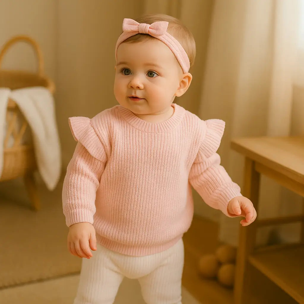bebe-9-meses-sueter-malha-rosa-babados-look-infantil-aconchegante