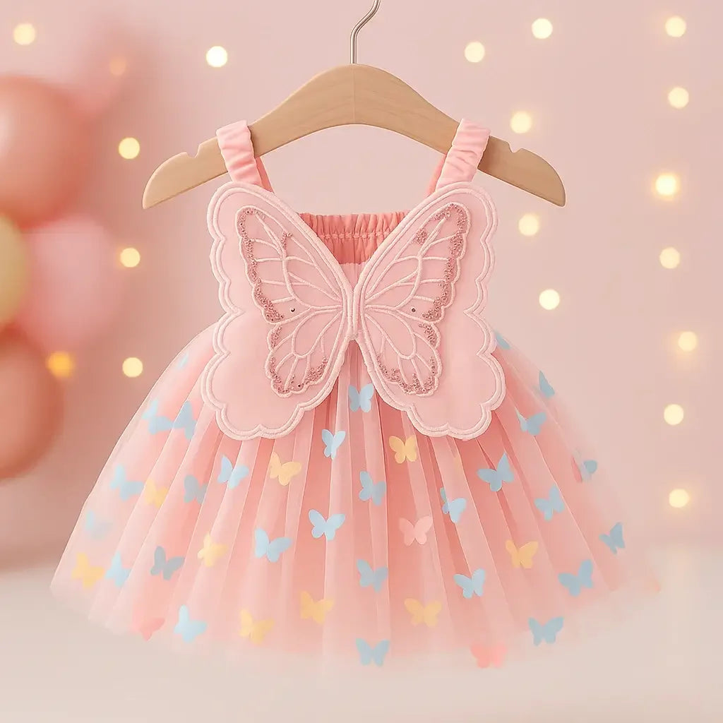 Vestido infantil rosa com alças e detalhe de borboleta bordada nas costas, saia de tule com estampa de borboletas coloridas em cenário decorado