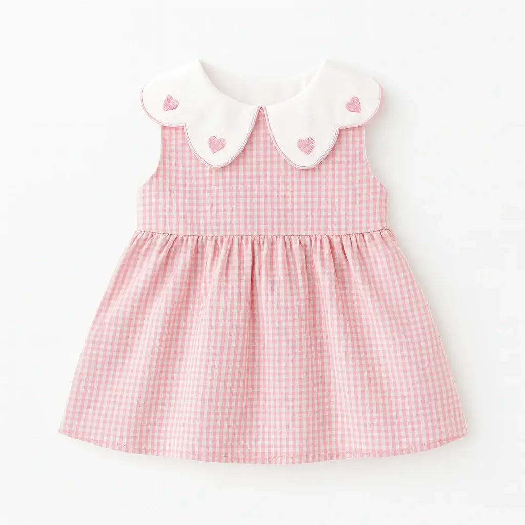 Vestido bebê menina rosa xadrez, gola Peter Pan com corações bordados.