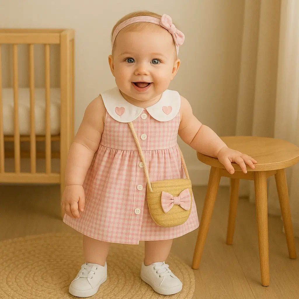 Menina bebê com vestido rosa xadrez, gola Peter Pan com corações, headband rosa, bolsinha de palha com laço; quarto aconchegante.