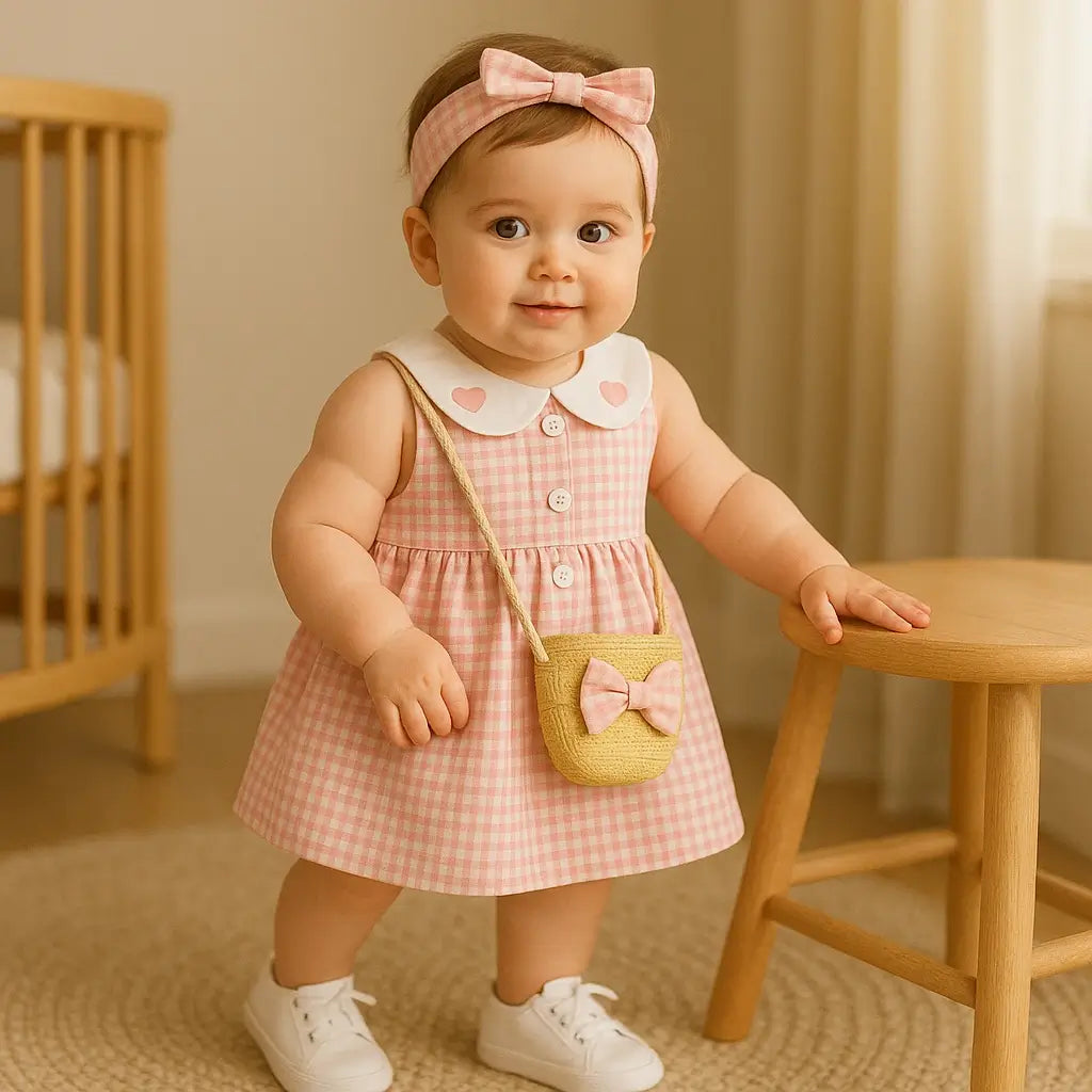 Menina bebê com vestido rosa xadrez, gola Peter Pan com corações, headband rosa, tênis brancos e bolsinha transversal em quarto iluminado por luz natural.