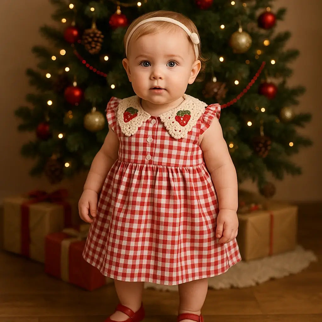 "Vestido infantil de verão xadrez vermelho e branco – look fofo e confortável