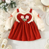 Vestido infantil vermelho coração com flores bordadas e blusa manga longa