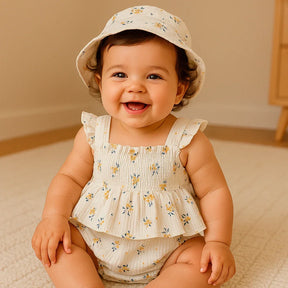 Bebê menina sorridente usando conjunto floral em linho com babados e chapéu combinando, sentada em quarto infantil aconchegante — Baby Hello.
