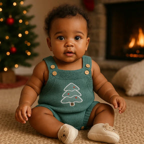 Bebê moreno de até 8 meses sentado em um tapete bege, vestindo um romper verde de tricô com árvore de Natal bordada e botões de madeira. Ao fundo, há uma lareira acesa e uma árvore de Natal decorada, criando um ambiente aconchegante e natalino. O bebê usa sapatinhos claros com carinha de urso, em uma cena iluminada e ultra realista.