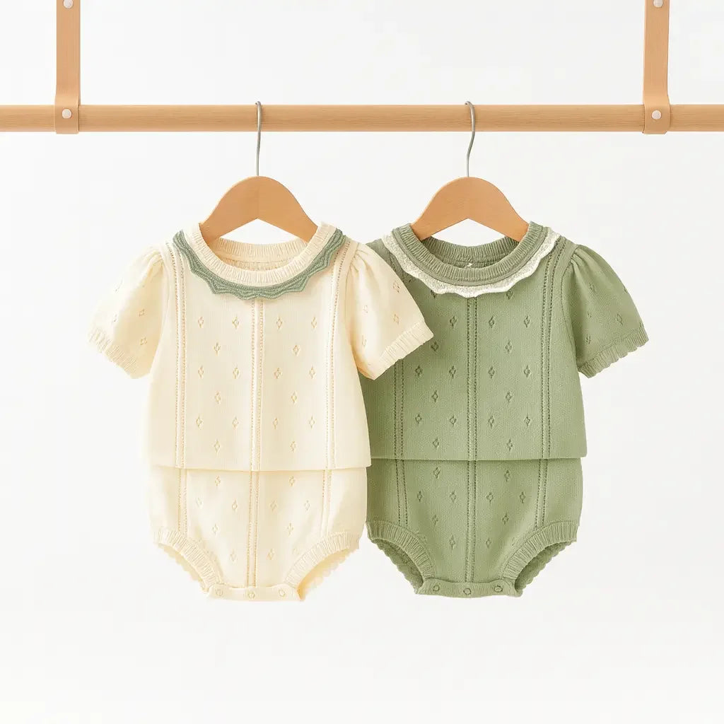 romper unissex em tricô de algodão bege e verde, manga curta e gola rendada, ideal para bebê recém-nascido, pendurado em cabide no fundo branco.