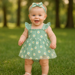 Bebê sorridente de aproximadamente 1 ano em pé no parque, usando vestido verde com estampa de margaridas e faixa combinando.