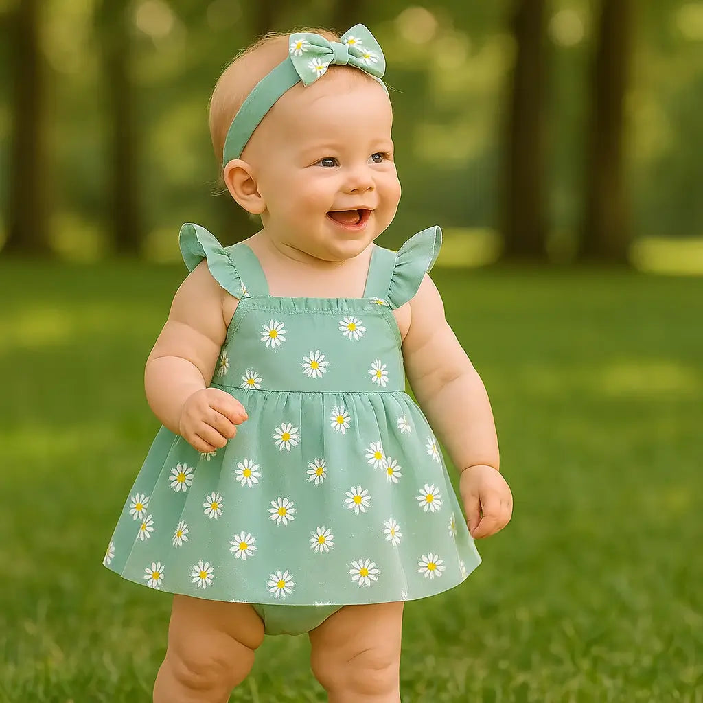 Bebê sorridente de aproximadamente 1 ano em pé no parque, usando vestido verde com estampa de margaridas e faixa combinando.