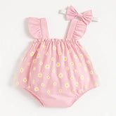 Body infantil feminino rosa com saia de tule estampada de margaridas e faixa de cabelo com laço rosa, peça delicada e charmosa para bebês