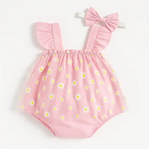 Body infantil feminino rosa com saia de tule estampada de margaridas e faixa de cabelo com laço rosa, peça delicada e charmosa para bebês