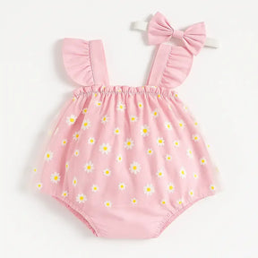 Body infantil feminino rosa com saia de tule estampada de margaridas e faixa de cabelo com laço rosa, peça delicada e charmosa para bebês