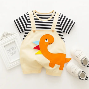 Macacão Dino Aventureiro para bebê menino com camiseta listrada e estampa divertida de dinossauro em algodão confortável.