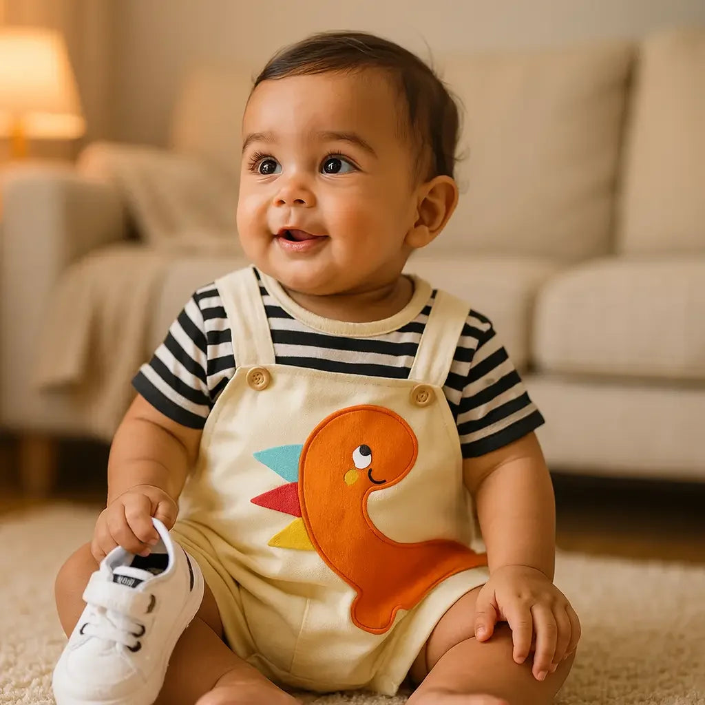 Bebê moreno claro de aproximadamente 9 meses usando conjunto com estampa de dinossauro, sentado em tapete bege em ambiente aconchegante e iluminado