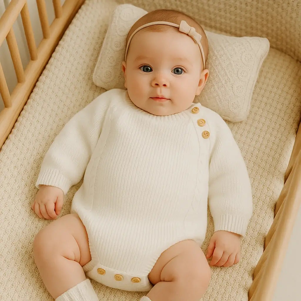 Bebê de 6 meses deitada no berço, usando body de tricô branco com botões de madeira, faixa de cabelo bege e cenário aconchegante