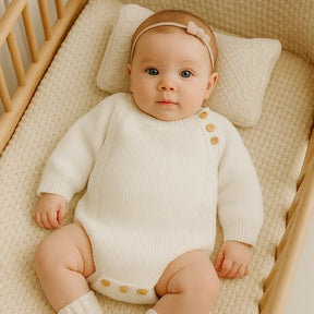 Bebê de 6 meses deitada no berço, usando body de tricô branco com botões de madeira, faixa de cabelo bege e cenário aconchegante