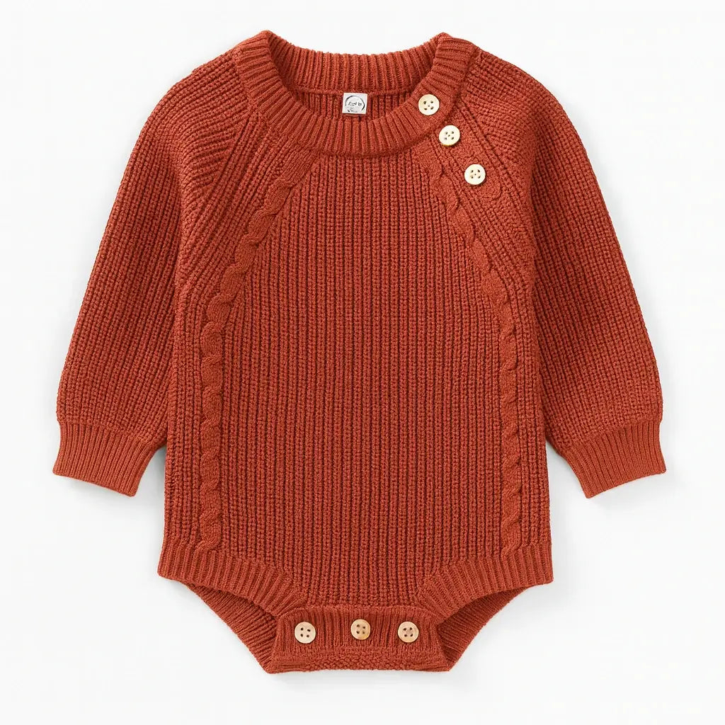 Body de tricô vermelho para bebê unissex, manga longa com botões de madeira, fundo branco clean