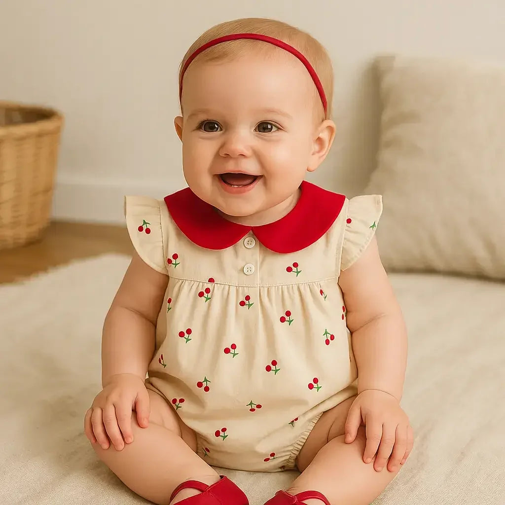 Bebê de aproximadamente 7 meses sentada , sorridente, usando body bege com estampa de cerejinhas, gola vermelha e sapatinhos vermelhos, em cenário aconchegante.