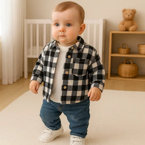bebe-usando-camisa-xadrez-infantil-preta-e-branca-com-jeans-e-tenis-look-outono-invern