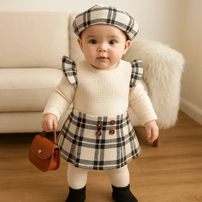 Conjunto bebê menina body creme saia xadrez boina look completo