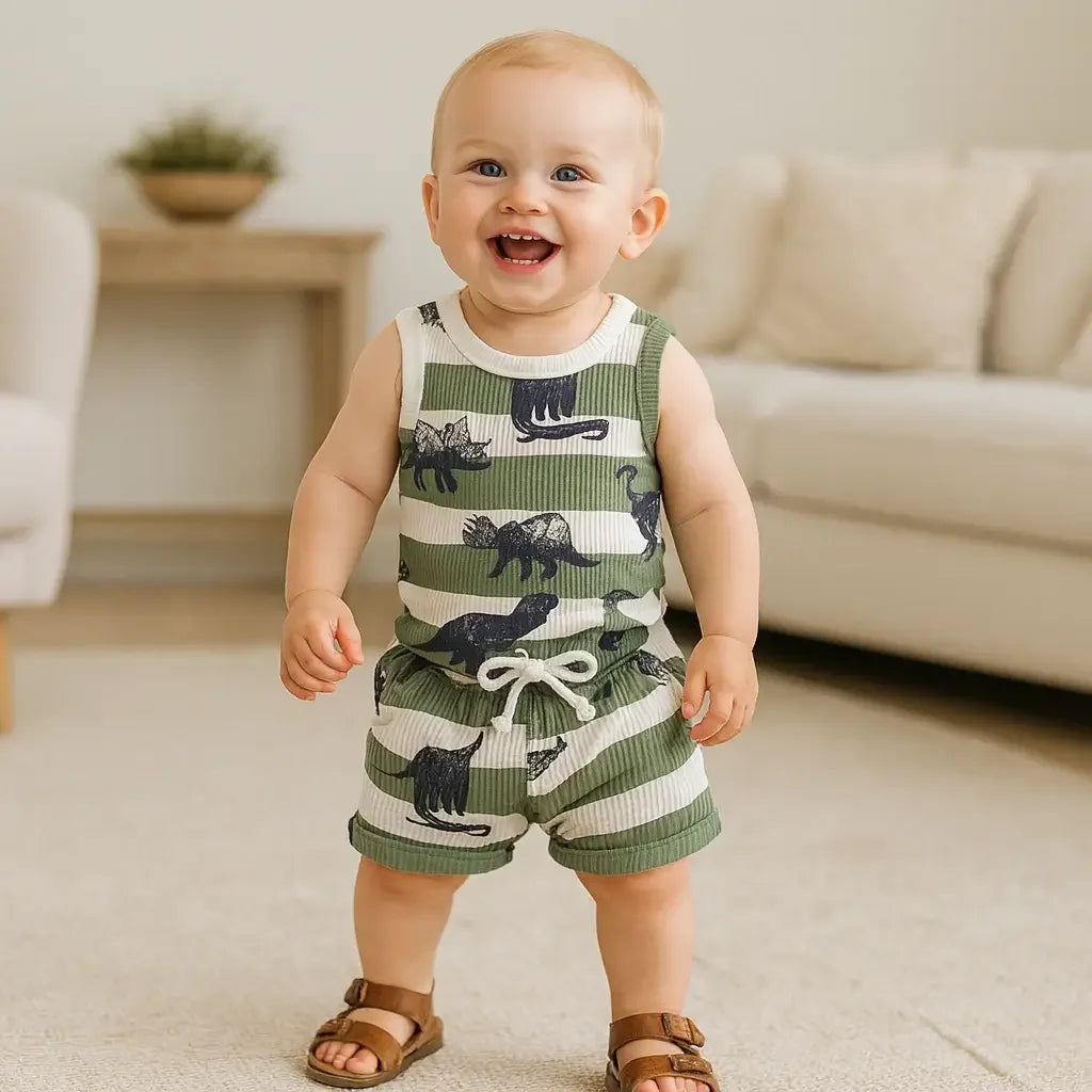 Bebê de 9 meses sorrindo em pé, usando conjunto infantil verde com estampa de dinossauros e sandália marrom em cenário aconchegante