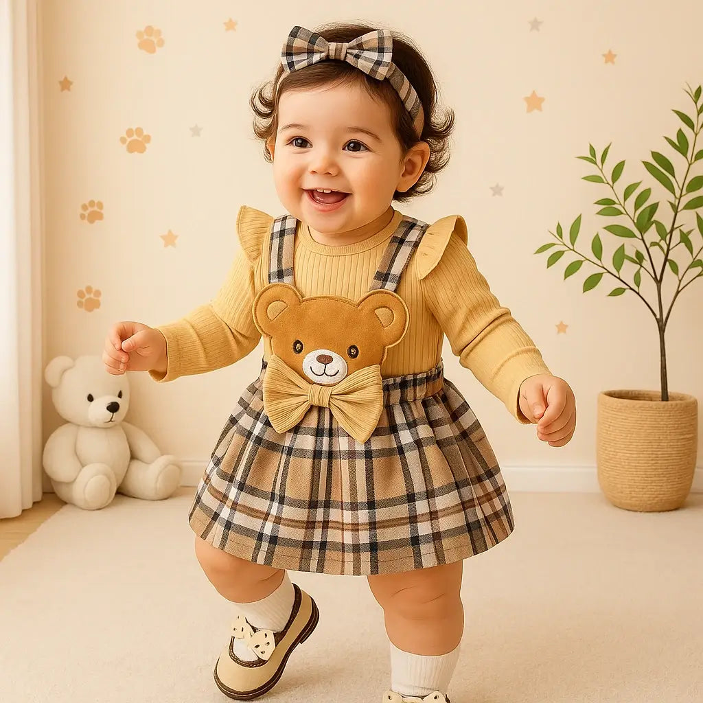 Bebê menina sorridente usando conjunto infantil feminino com body bege de manga longa, saia xadrez com detalhe de ursinho e laço, faixa de cabelo combinando e sapatinhos bege.