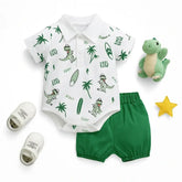 Conjunto infantil masculino Dino Baby com macacão polo estampado de dinossauro e short verde de algodão, confortável e leve para bebês de 0 a 18 meses - Baby Hello