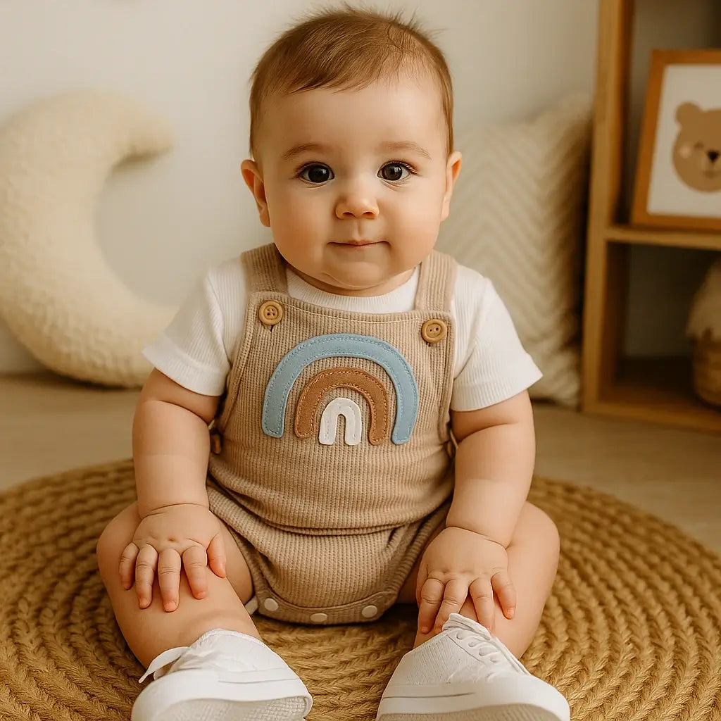 Bebê usando conjunto infantil romper bege bordado arco-íris e blusa branca manga curta, look fofo para fotos e dia a dia.
