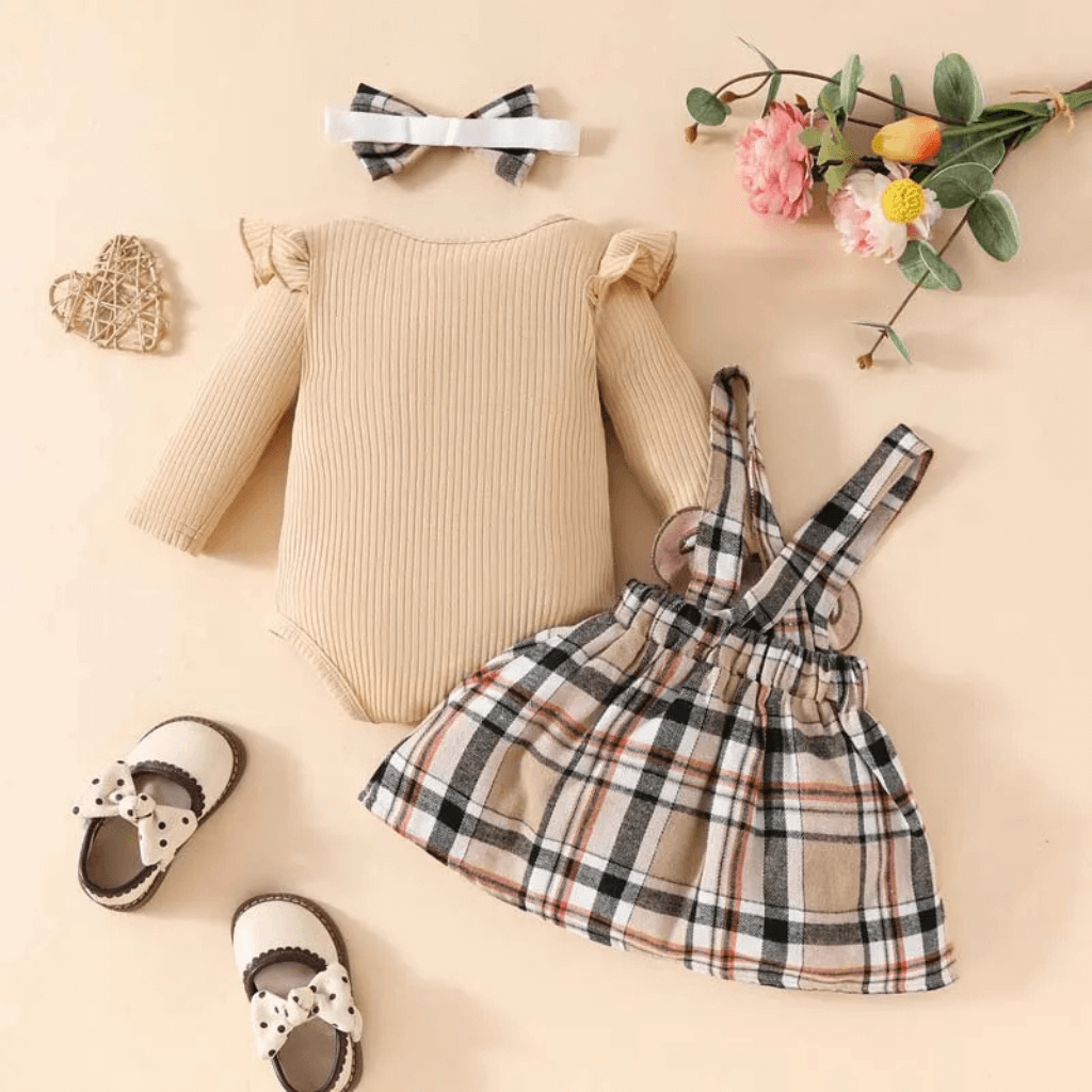 Conjunto Infantil Feminino Body + Saia Xadrez com Laço